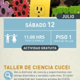 Cartel informativo mostrando varias manualidades de varios colores que hacen alusión a engranes, electricidad y tecnologia