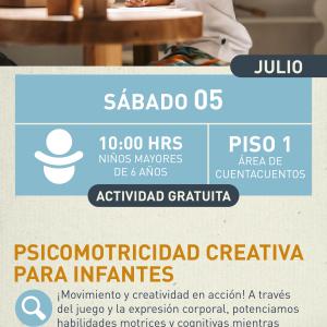 Cartel informativo mostrando a un niño sentado mientras esta jugando con cosas de madera