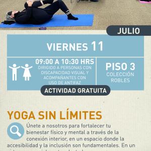 Cartel informativo mostrando a tres personas siendo participes de la clase de yoga, entre ellas un señor de la tercera edad