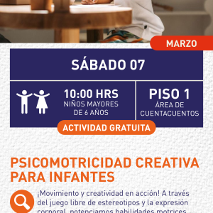 Cartel informativo mostrando un niño jugando con cosas de madera