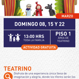 Cartel informativo mostrando un escenario donde hay 3 marionetas, las cuales son personajes del cuento de caperucita roja