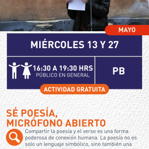 Cartel informativo mostrando una persona frente a un micrófono leyendo un poema