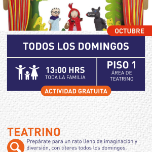 Cartel informativo mostrando un escenario donde hay 3 marionetas, las cuales son personajes del cuento de caperucita roja