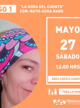 “La hora del cuento” Nath-Asha Haro Cartel informativo mostrando a una persona