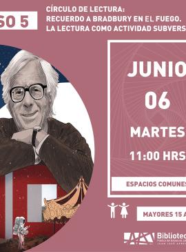 Círculo de lectura: Recuerdo a Bradbury en le fuego cartel informativo mostrando a una persona recargada en unos libros