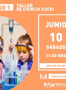 Taller de ciencia CUCEI cartel informativo mostrando a dos niños con un juego de quimica