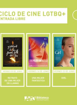 Ciclo de cine LGTBQ+ cartel informativo mostrando varias portadas de diferentes peliculas