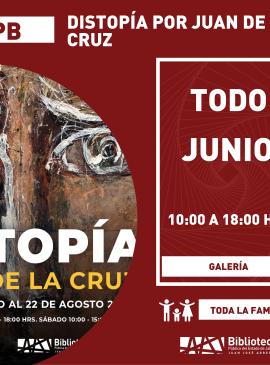 Distopía por Juan De La Cruz cartel informativo mostrando un dibujo de un rostro humano