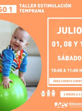 Taller de estimulación temprana cartel informativo mostrando a un bebé arriba de una pelota
