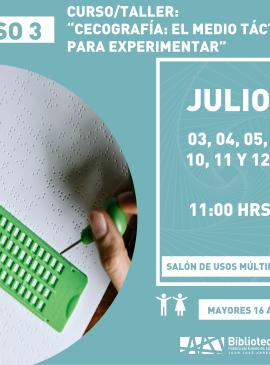 “Cecografía: el medio táctil para experimentar” cartel informativo mostrando una herramientas para escribir braille