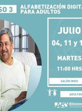 cartel informativo mostrando a dos adultos mayores con una computadora