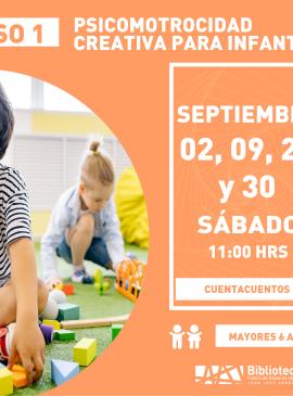 Psicomotricidad creativa para infantes cartel informativo mostrando a un niño jugando