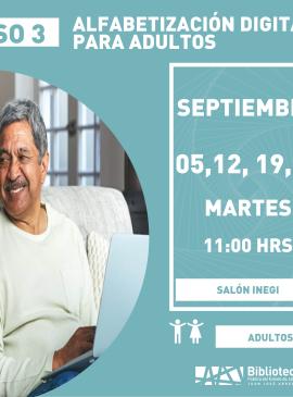 Taller de alfabetización digital para adultos cartel informativo mostrando a dos adultos mayores