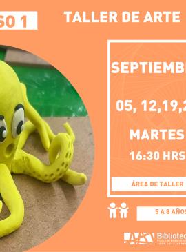 Taller de arte (5 a 8 años) cartel informativo mostrando a un pulpo de plastilina