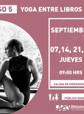 Yoga entre Libros cartel informativo mostrando a una mujer