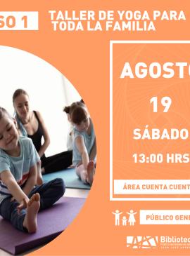 Cartel informativo mostrando a un niño y una mujer haciendo yoga