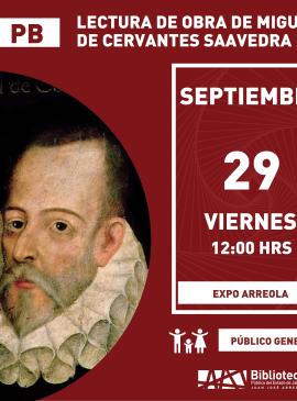 Miguel de Cervantes Saavedra cartel informativo mostrando una foto de la persona Miguel de Cervantes Saavedra
