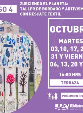 Zurciendo el planeta: cartel informativo mostrando varias telas colgadas con dibujos en ellas