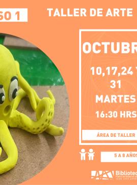 cartel informativo mostrando un pulpo amarillo hecho de plastilina