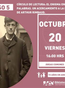 Círculo de lectura: El enigma en las palabras. cartel informativo mostrando una persona en traje negro