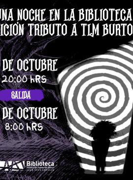 Una Noche en la biblioteca Edición: Tributo a Tim Burton cartel informativo mostrando dibujos de un niño en sombras