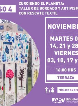Taller de bordado y artivismo con rescate textil cartel informativo mostrando un collage de dibujos de arboles