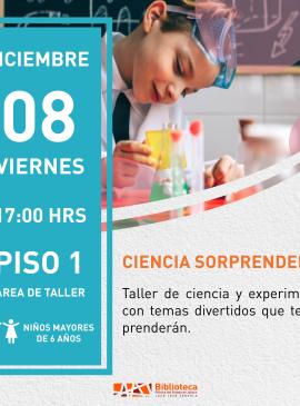 cartel informativo mostrando a un niño con un juego de química