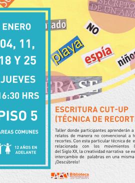 Escritura cut-up (técnica de recortes) Cartel informativo mostrando palabras en imágenes