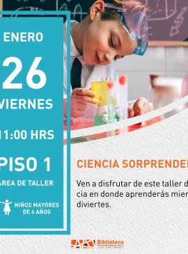 Cartel informativo mostrando a una niño con un juego de química 