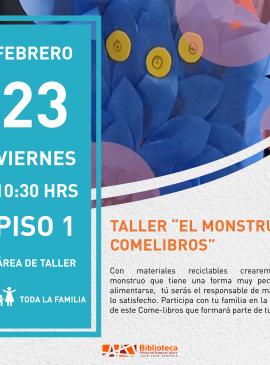 Taller "El monstruo comelibros" cartel informativo mostrando una flor de papel azul