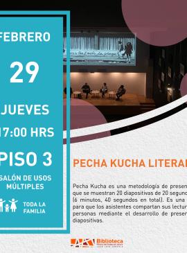 Pecha Kucha Literario cartel informativo mostrando a varias personas arriba de un escenario