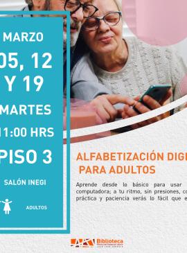 cartel informativo mostrando a dos personas mayores de edad con un telefono