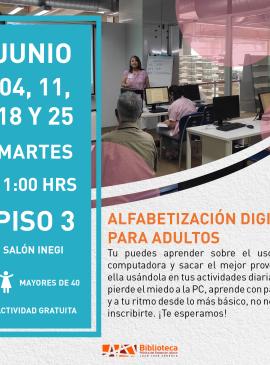 cartel informativo mostrando a varias personas sentadas frente a una computadora