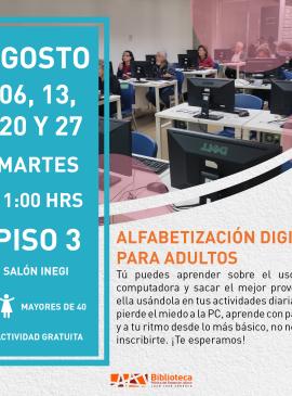 cartel informativo mostrando un salón con computadoras y personas usandolas