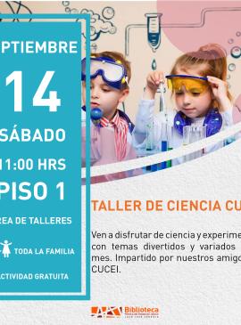 cartel informativo mostrando a dos niños vestidos de científicos