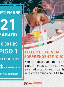 cartel informativo mostrando a un niño con utensilios científicos 