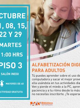 cartel informativo mostrando a dos adultos mayores sonriendo 