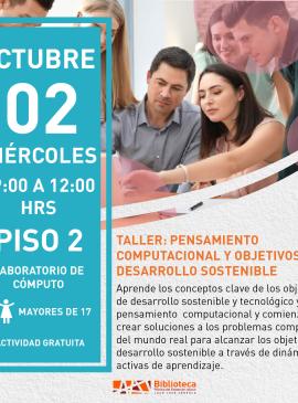 Taller: Pensamiento computacional y objetivos de desarrollo sostenible cartel informativo mostrando a varias personas viendo una computadora