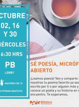 cartel informativo mostrando un libro y una taza