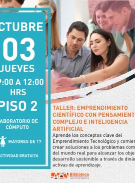 Taller: Emprendimiento científico con pensamiento complejo e inteligencia artificial cartel informativo mostrando a varias personas viendo una computadora