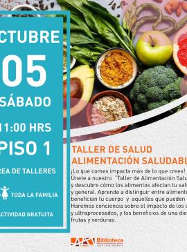 Taller de salud alimentación saludable cartel informativo mostrando varias frutas y verduras