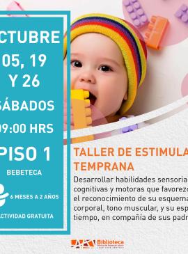 Taller de estimulación temprana cartel informativo mostrando a un bebé