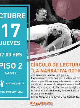 Círculo de lectura. La narrativa gótica: entre las sombras y lo desconocido cartel informativo mostrando a una persona cargando a otra