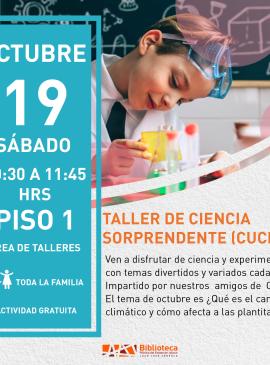 cartel informativo mostrando a un niño vestido de cientifico