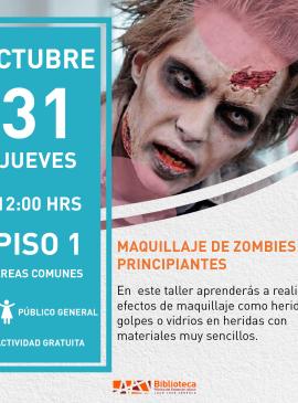 cartel informativo mostrando maquillando a un zombie