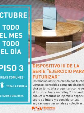 Dispositivo III de la serie "Ejercicio para futurizar cartel informativo mostrando a una mesa circular y bancas