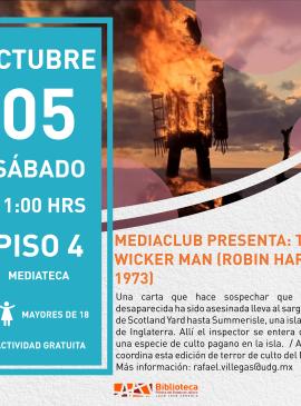 MediaClub presenta: The Wicker Man (Robin Hardy, 1973) cartel informativo mostrando una estatua en llamas