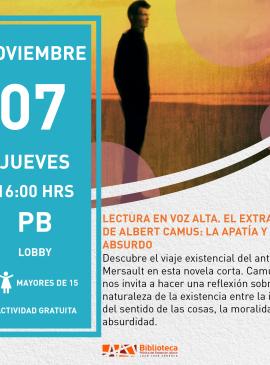 LECTURA EN VOZ ALTA. El extranjero de Albert Camus: la apatía y el absurdo cartel informativo mostrando a una persona parada en el mar