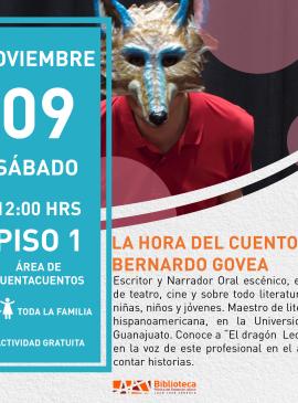 La hora del cuento con Bernardo Govea cartel informativo mostrando a una persona con mascara de zorro
