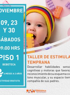 Taller de estimulación temprana cartel informativo mostrando a un bebé